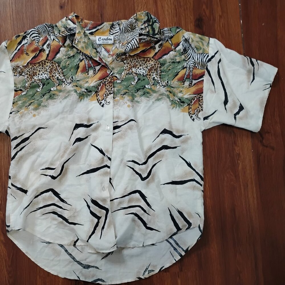 Vintage Caribou New York Safari Animals Zebra Lion Leopard Button Shirt - Picture 3 of 8
